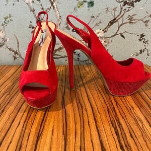 H By Halston Red Suede Heels Stilettos Peep Toe Size 7